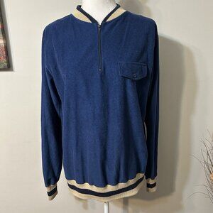 Vintage Velour By Block Blue Tan Striped Collar & Hem Half Zip Sweatshirt Sz L
